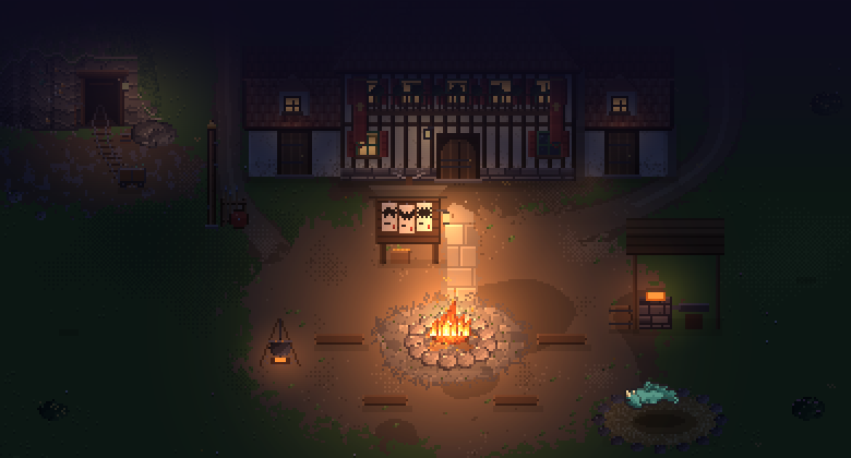 The camp at Briarhold from above at night, as the game draws it.